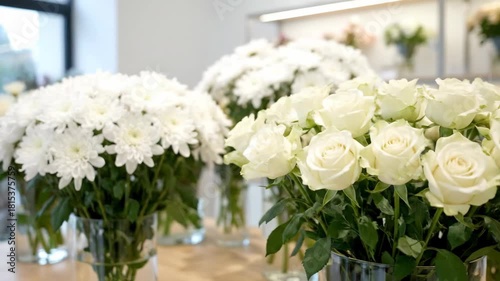 Elegant white floral bouquet symphony of natures beauty, featuring rose, chrysanthemum, and delicate blossoms, exuding serenity, freshness, and joy