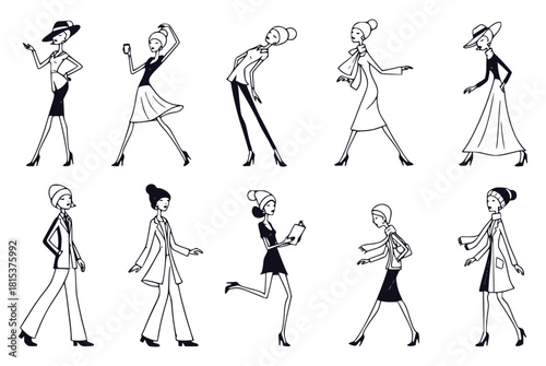 Set of ten minimalist line art illustrations of stylish women walking, dancing, and posing in various retro and modern outfits. Fashion models in different poses, monochrome vector drawing.