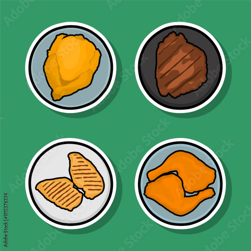 A variety of cooked meat dish stickers served on a plate