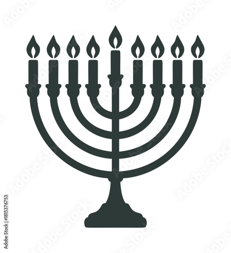 Menorah vector silhouette, nine-branched candelabrum with burning candles, simple black line art — stock vector