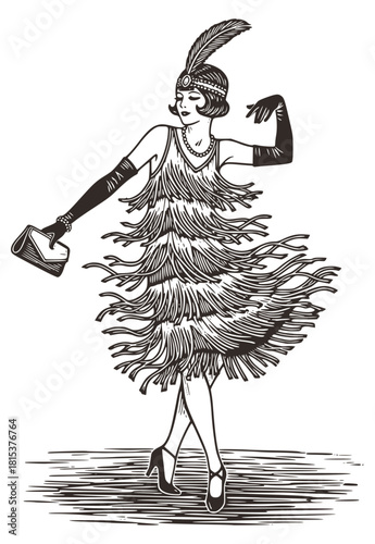 Vintage sketch of a flapper woman dancing in a fringed dress, long gloves, and feather headband. Retro 1920s illustration of a stylish lady ready for a party. Roaring Twenties fashion vector.