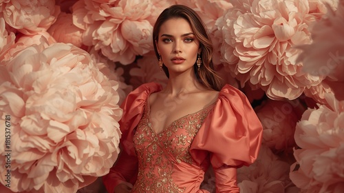 Elegance in Bloom: A woman dressed in a dress stands amidst a captivating flower, with a soft background, exuding grace and beauty.