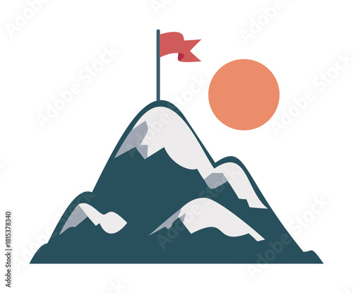 Mountain peak vector with summit flag and sun minimalist flat style — stock vector