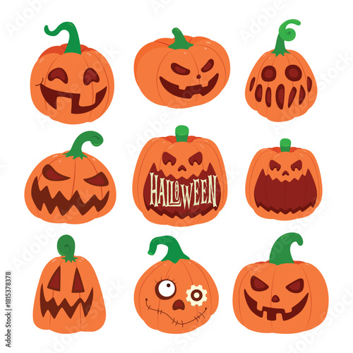 Set of carved Halloween pumpkins with various spooky expressions.