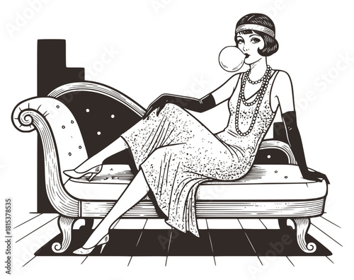 Glamorous 1920s flapper woman blowing a bubble gum bubble while reclining on a chaise lounge. Vintage Art Deco sketch of a stylish lady in a beaded dress, long gloves, and headband. Retro leisure.