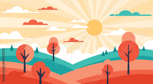 A vibrant and stylized flat design landscape showing a warm sun rising over colorful hills and trees.