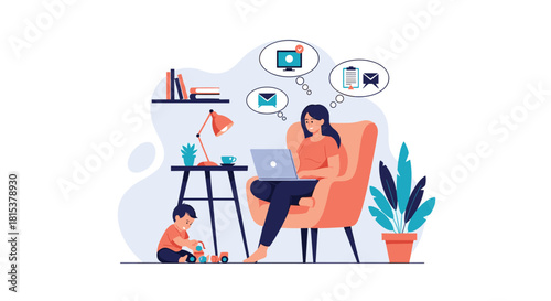 A multitasking mother working on her laptop from an armchair at home while her young son plays with toys on the floor.