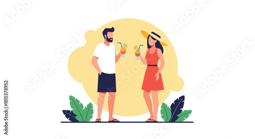 A flat design illustration of a happy couple in summer clothes toasting with tropical cocktails on vacation.