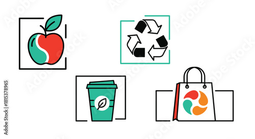 A set of four eco-friendly icons representing healthy food recycling reusable products and sustainable shopping.