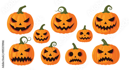 A collection of nine cartoon jack-o-lanterns with various spooky scary and funny carved faces for Halloween.