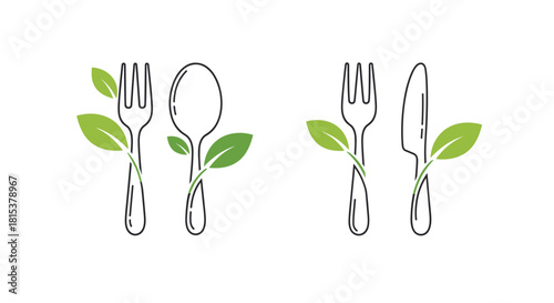 A set of minimalist icons for vegan and vegetarian food featuring cutlery wrapped with green leaves.