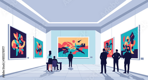 An illustration of visitors viewing colorful abstract paintings at a modern art gallery exhibition event.