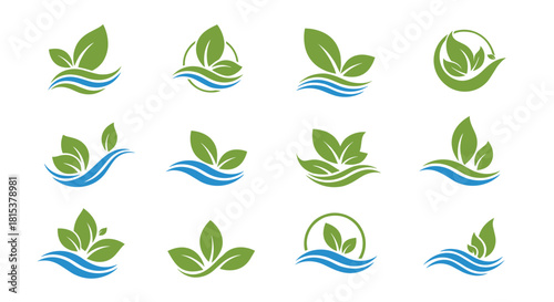 A large and comprehensive collection of eco-friendly logo designs featuring green leaves and blue water waves.