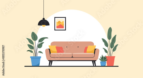 A cozy and modern living room interior featuring a comfortable sofa house plants and minimalist wall decor.