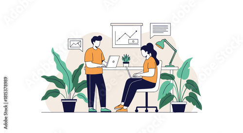 An illustration of two colleagues collaborating in a modern office filled with lush green houseplants and natural light.