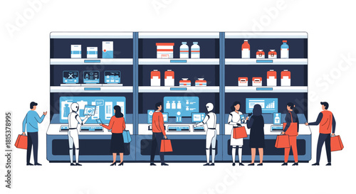 A futuristic retail scene where human customers are being assisted by friendly humanoid robot shop assistants.