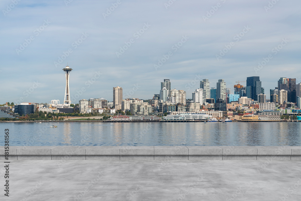 Naklejka premium Skyscrapers Cityscape Downtown, Seattle Skyline Buildings. Beautiful Real Estate. Day time. Empty rooftop View. Success concept.