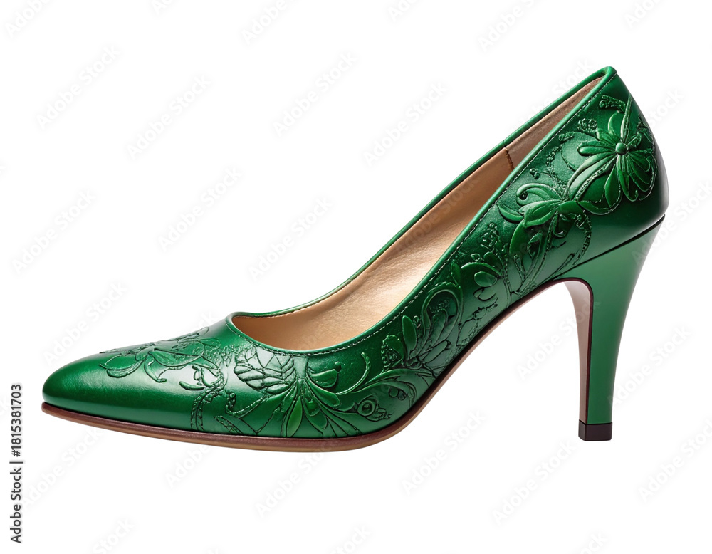 Obraz premium Side-Angled Green Embossed Floral Shoe with Curved Silhouette and Soft Shadow, Isolated
