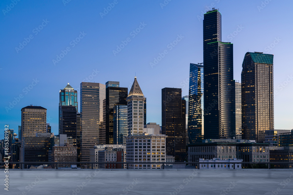 Fototapeta premium Skyscrapers Cityscape Downtown, Seattle Skyline Buildings. Beautiful Real Estate. Sunset. Empty rooftop View. Success concept.