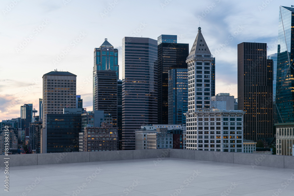 Naklejka premium Skyscrapers Cityscape Downtown, Seattle Skyline Buildings. Beautiful Real Estate. Sunset. Empty rooftop View. Success concept.