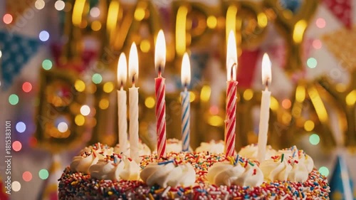 Festive birthday party scene with cake, candles, and balloons creating a fun and joyful celebration memory