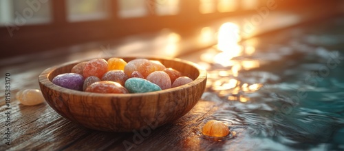 Colorful stones in wooden bowl near water at sunset.