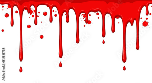 Red liquid drips down on a white background with a messy splatter effect.