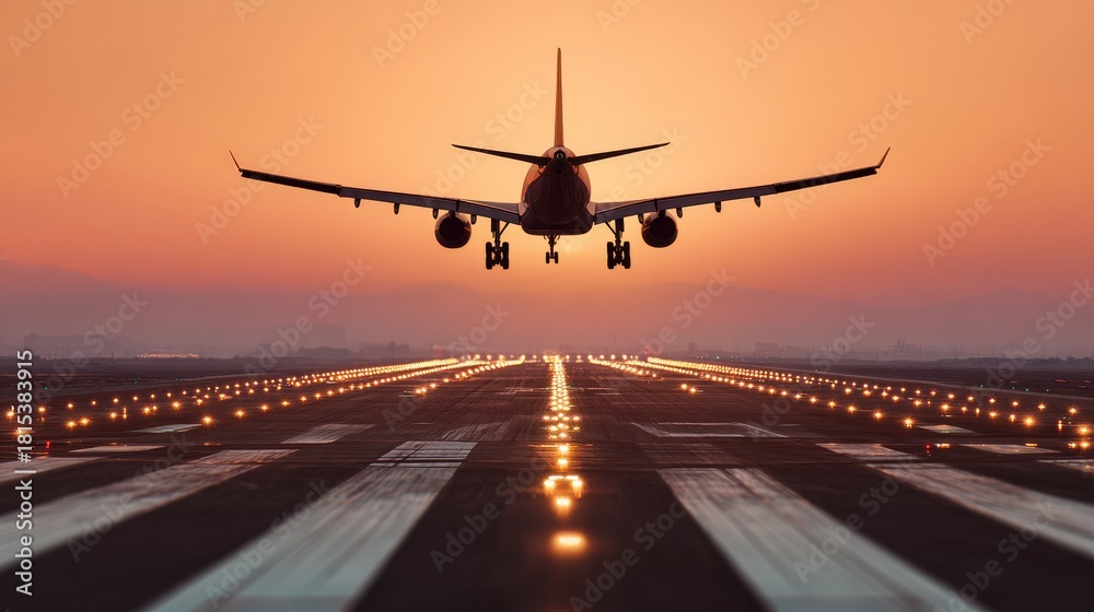 Fototapeta premium Commercial airplane approaching runway for landing at sunrise, passenger plane descending over airport with clear sky, aviation and travel concept with early morning light, motion and safety in focus