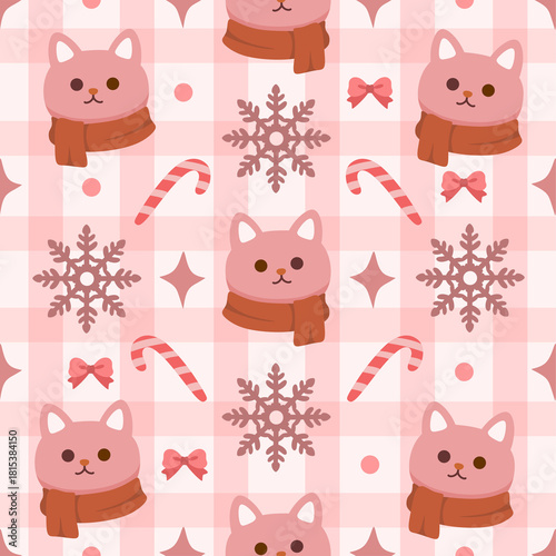 ​Cute Christmas Cat Pink Seamless Pattern with Snowflakes and Candy Cane. Pink Winter Holiday Background 