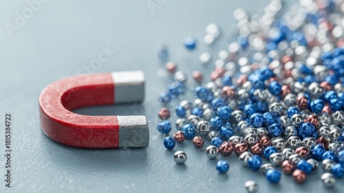 Magnetism in Action: A striking close-up showcases a powerful horseshoe magnet attracting metallic spheres, demonstrating the invisible force of magnetism with precision and clarity.