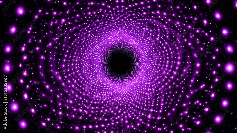 Obraz premium Futuristic purple tunnel with glowing dots forming a deep vortex, abstract sci-fi corridor with neon lights, immersive digital design, modern technology concept, dynamic perspective and vibrant energy