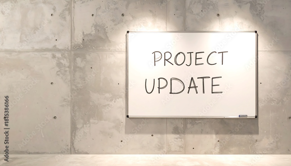 Fototapeta premium Project update on whiteboard. Indicates progress, status. Office setting with concrete wall. Useful for presentations, web, marketing.