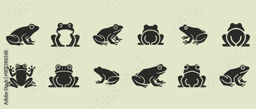 Collection of black frogs silhouettes in various poses against a light beige background