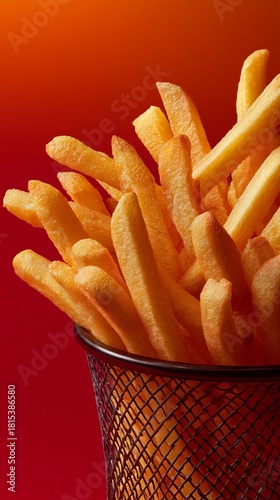 Golden Fries Temptation: A close-up shot of golden, crispy fries, overflowing from a stylish metal basket, presented against a vibrant red backdrop, a delicious and tempting display.