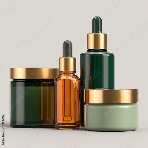 Aesthetic Skincare Collection: A carefully curated skincare product display, featuring a collection of elegant bottles, jars, and droppers, set against a clean, modern backdrop. 