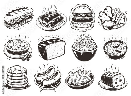 Large set of hand-drawn comfort food icons: burger, sandwich, pancakes, mac and cheese, fries, hot dogs, meatloaf, and pie. Vintage woodcut style illustrations, black and white food menu vector.