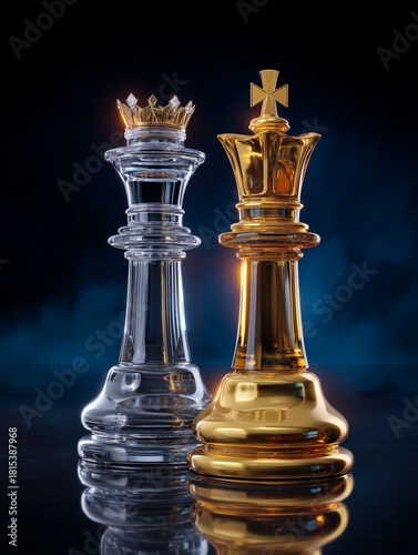 Chess Kings in the Spotlight: The king and the queen stand side by side, regal in their contrasting brilliance and symbolism, within an evocative and dramatically illuminated setting.
