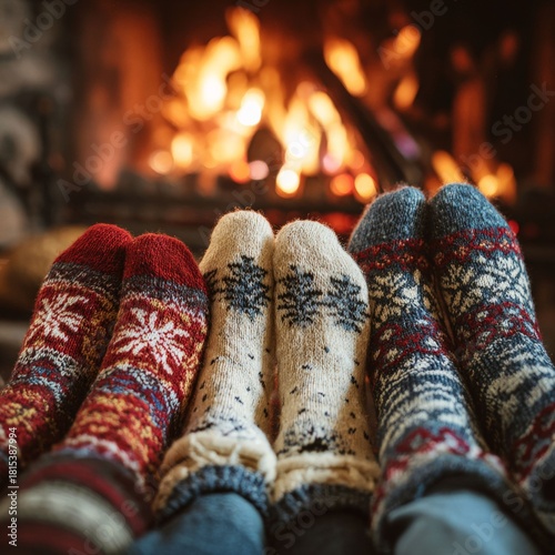 Cozy Comfort: Feet adorned in warm socks bask in the soothing warmth of a crackling fire, a perfect scene of winter relaxation.