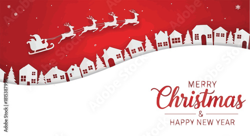 Christmas greeting card vector suitable for seasonal celebrations featuring Santa, reindeer, winter village, and elegant decorative typography