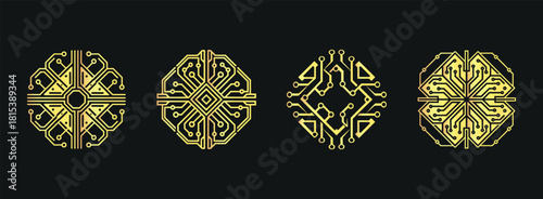 Four golden geometric circuit board line art symbols set.