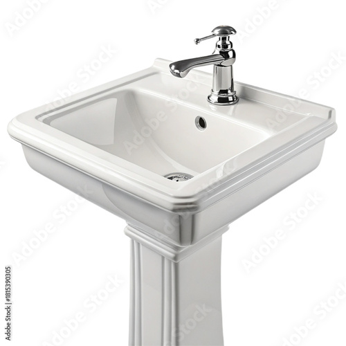 Elegant white porcelain pedestal sink with polished chrome faucet, perfect for modern bathrooms and renovation projects.