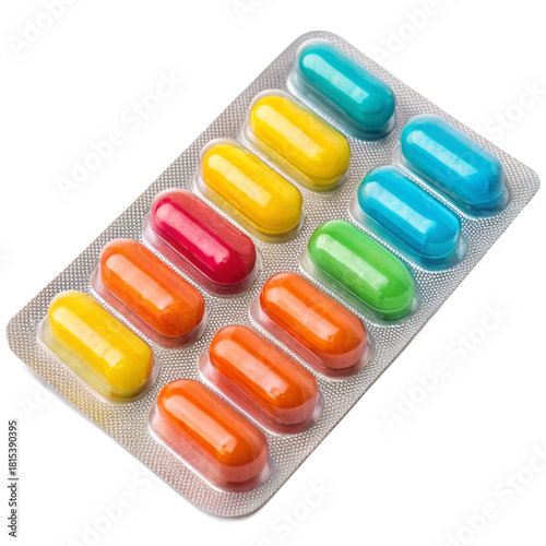 Vibrant multicolored capsules in blister pack, essential for health and wellness product imagery, medical concepts, and pharmacy promotions.