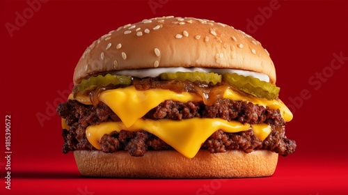 Golden Cheese Burger: A mouthwatering, double-patty burger with melted cheese, fresh pickles and sesame seed bun, poised against a vibrant red backdrop.