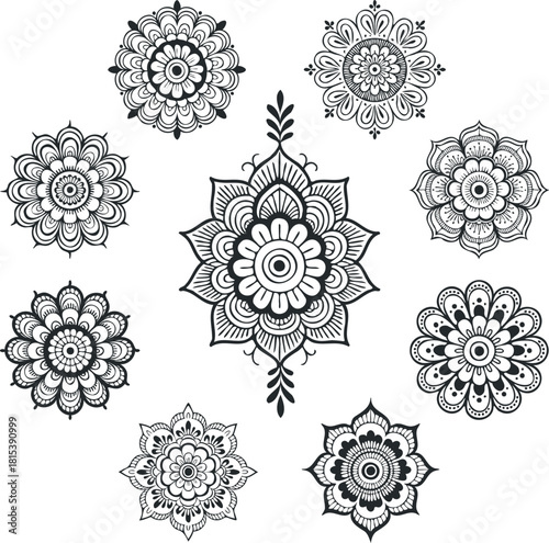 A refined set of floral mandala ornaments featuring detailed line art, botanical shapes, and geometric symmetry. Ideal for prints, decor, backgrounds, tattoo concepts, crafts, and digital design.