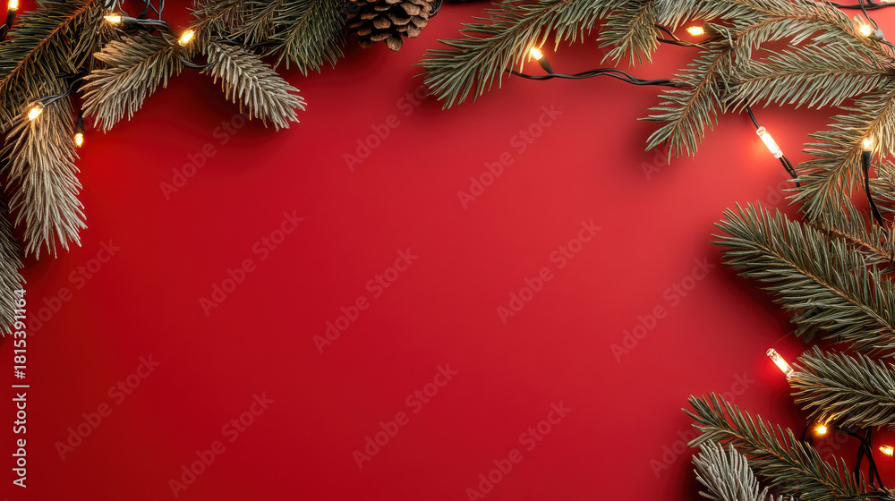 Naklejka premium Red ribbon pine branch pinecone string light festive red background warm holiday frame