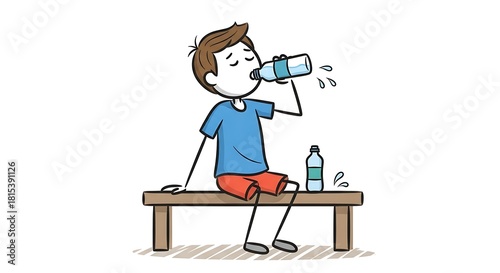 Cartoon man drinking water while sitting on a bench.