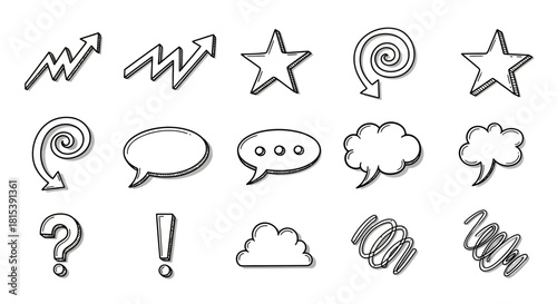 Flat lay of various black and white line icons including speech bubbles, stars, and punctuation marks on a clean white background.