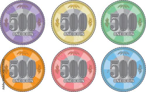 500円コイン表面（集中線デザイン／通常色・紫・緑・ピンク・青・オレンジ）