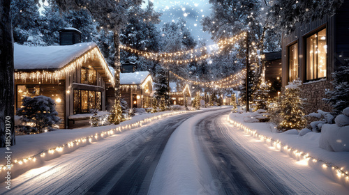 Snowy village lit with warm string lights and cozy cabins at dusk evoking peaceful holiday charm