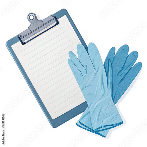 Medical professional's checklist with sterile gloves ready for patient care and precise examination procedures
